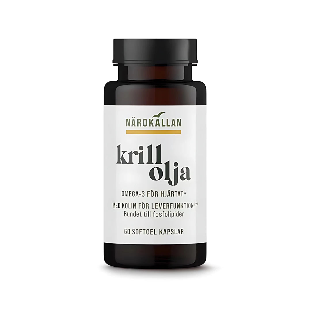 Närokällan Krillolja 60 caps, ett omega-3 kosttillskott i en mörkbrun burk med vit etikett och svart lock.