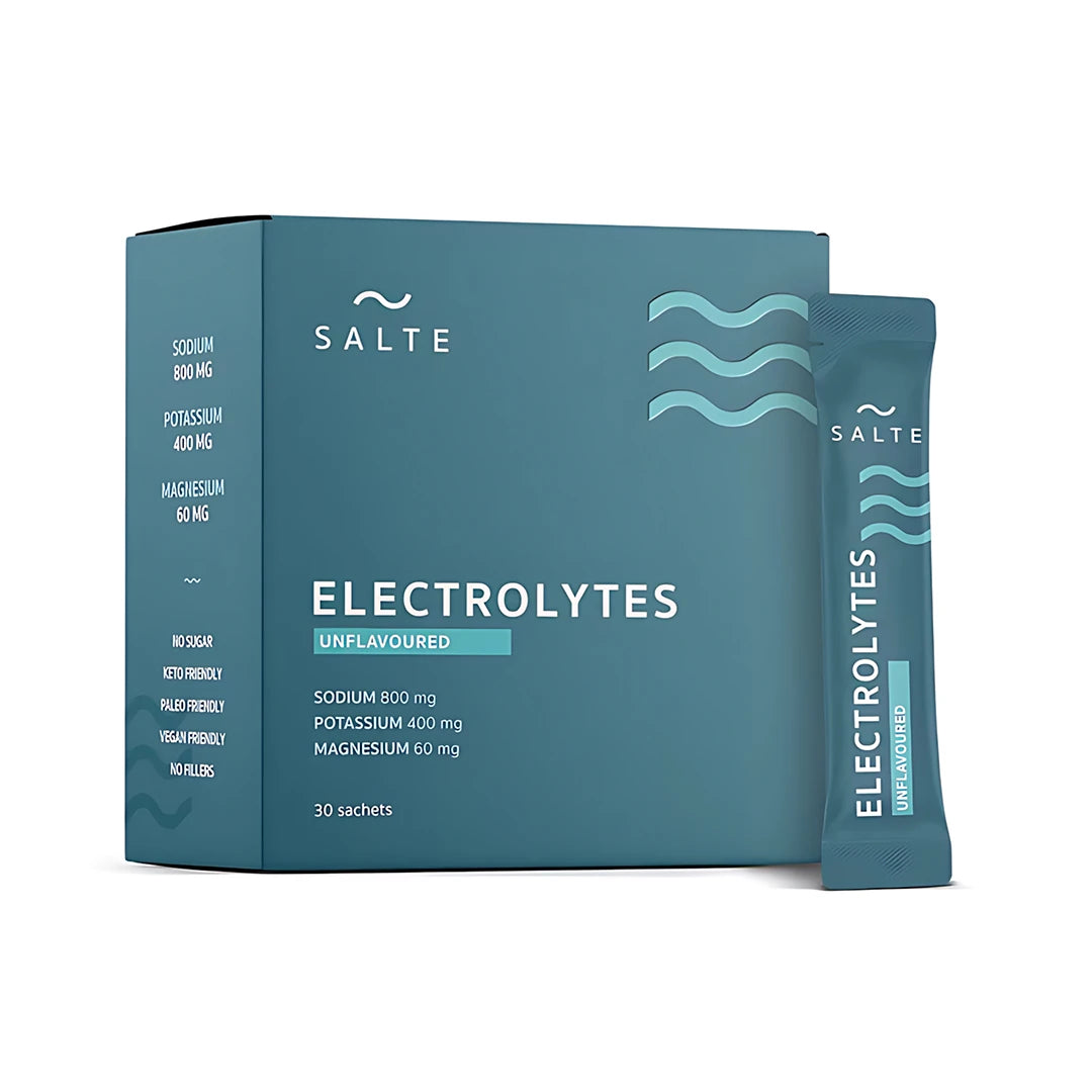 Salte Elektrolyter 30-pack Naturell, blågrön ask med elektrolytpulver och en praktisk portionspåse.