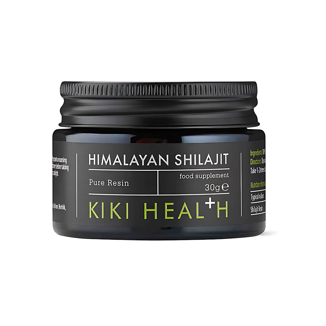KIKI Health Himalayan Shilajit 30 g i en mörk glasburk med svart lock och svart etikett med gröna detaljer., bild 1 av 1