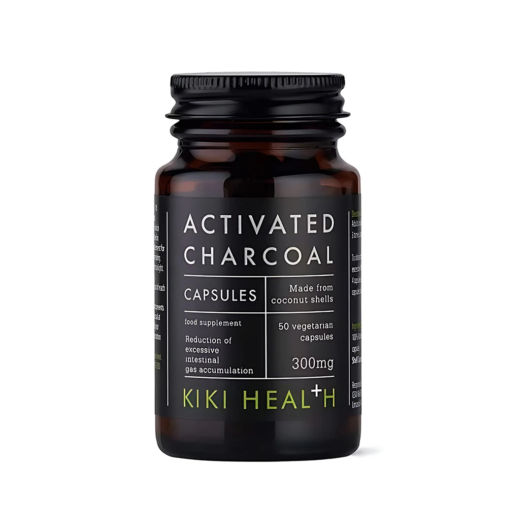 KIKI Health Activated Charcoal 50 caps i en mörk glasburk med svart etikett och vita detaljer., bild 1 av 1