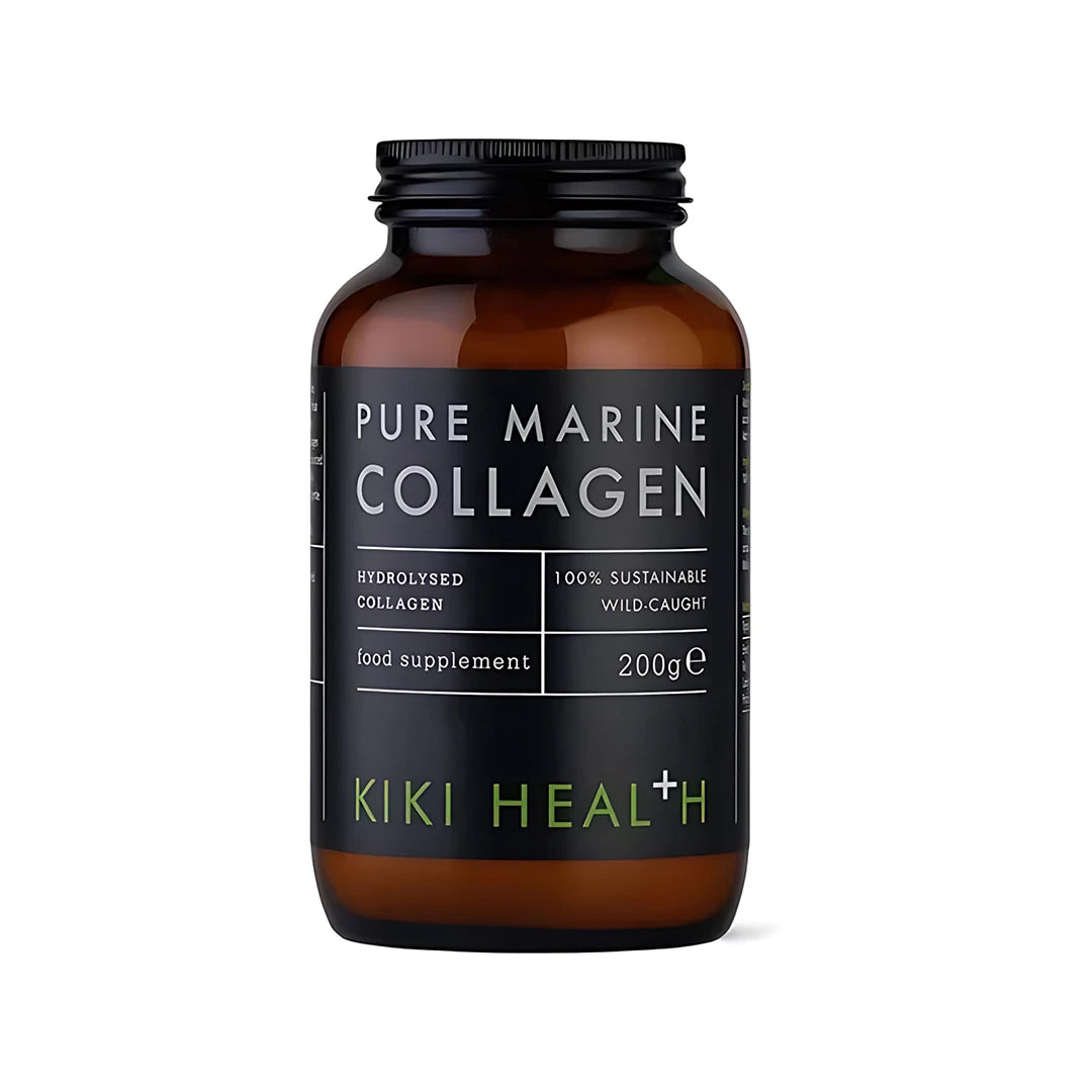 KIKI Health Pure Marine Collagen Powder 200 g i en mörkbrun glasburk med svart etikett och vit text., bild 1 av 1