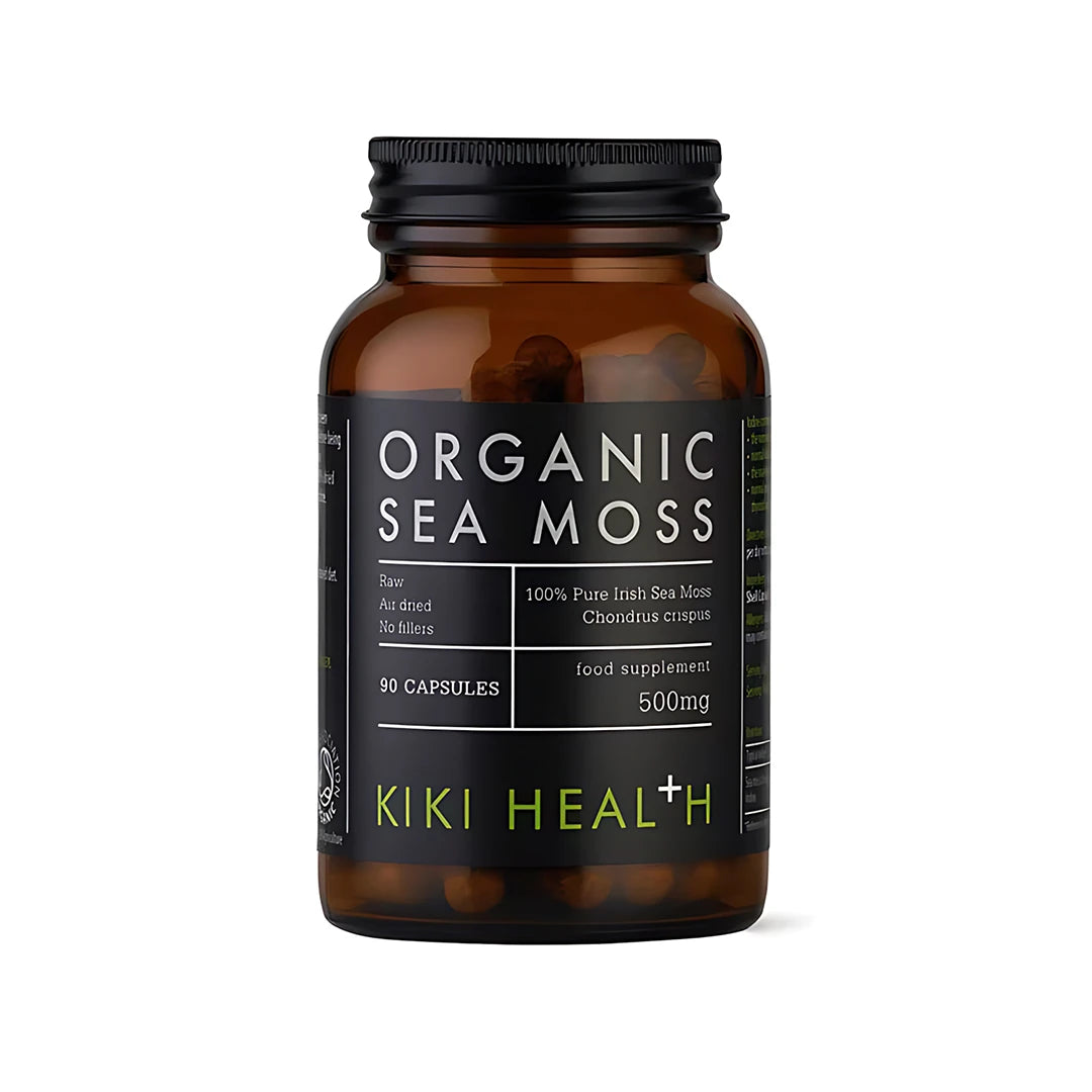 KIKI Health Organic Irish Sea Moss 90 caps i en mörk glasburk med svart etikett., bild 1 av 1