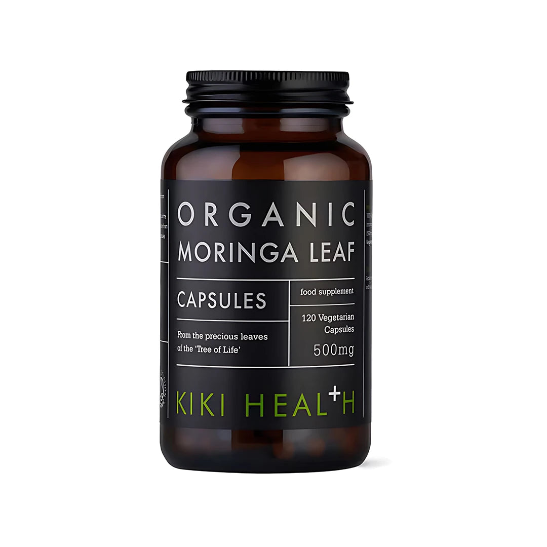 KIKI Health Organic Moringa Leaf 120 caps i en mörkbrun burk med svart etikett.