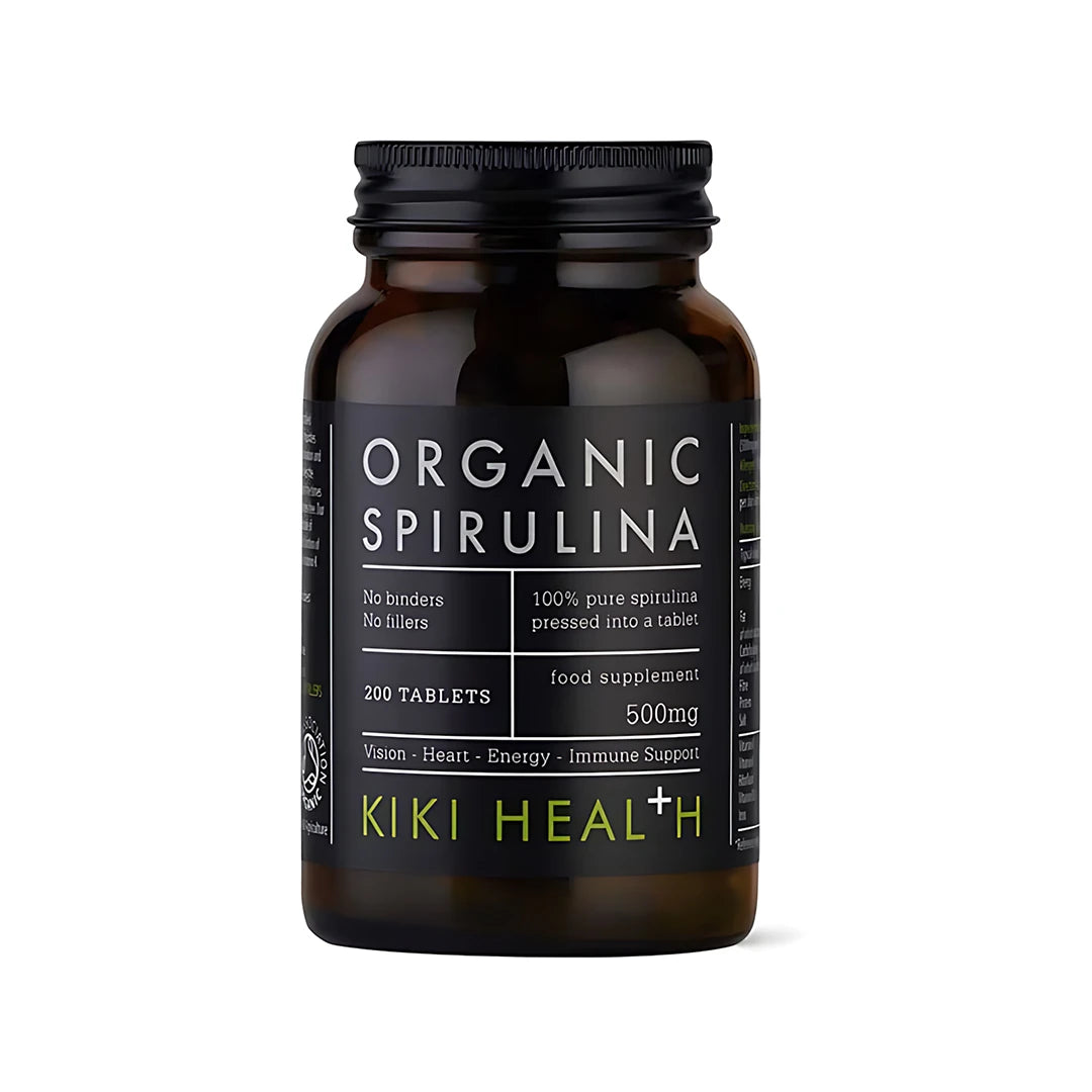 KIKI Health Organic Spirulina 200 tabs i en mörk glasburk med svart etikett och gröna detaljer., bild 1 av 1