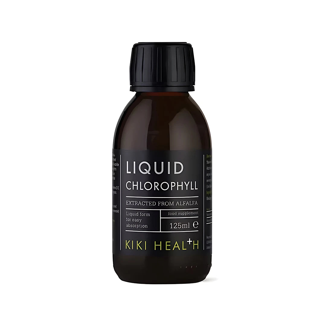 KIKI Health Liquid Chlorophyll 125 ml flytande klorofyll i en mörk flaska med svart etikett., bild 1 av 1