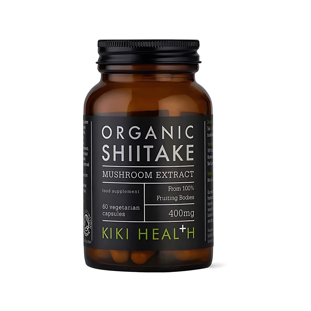 KIKI Health Organic Shiitake Extract Mushroom 60 caps i en brun glasburk med svart etikett., bild 1 av 1