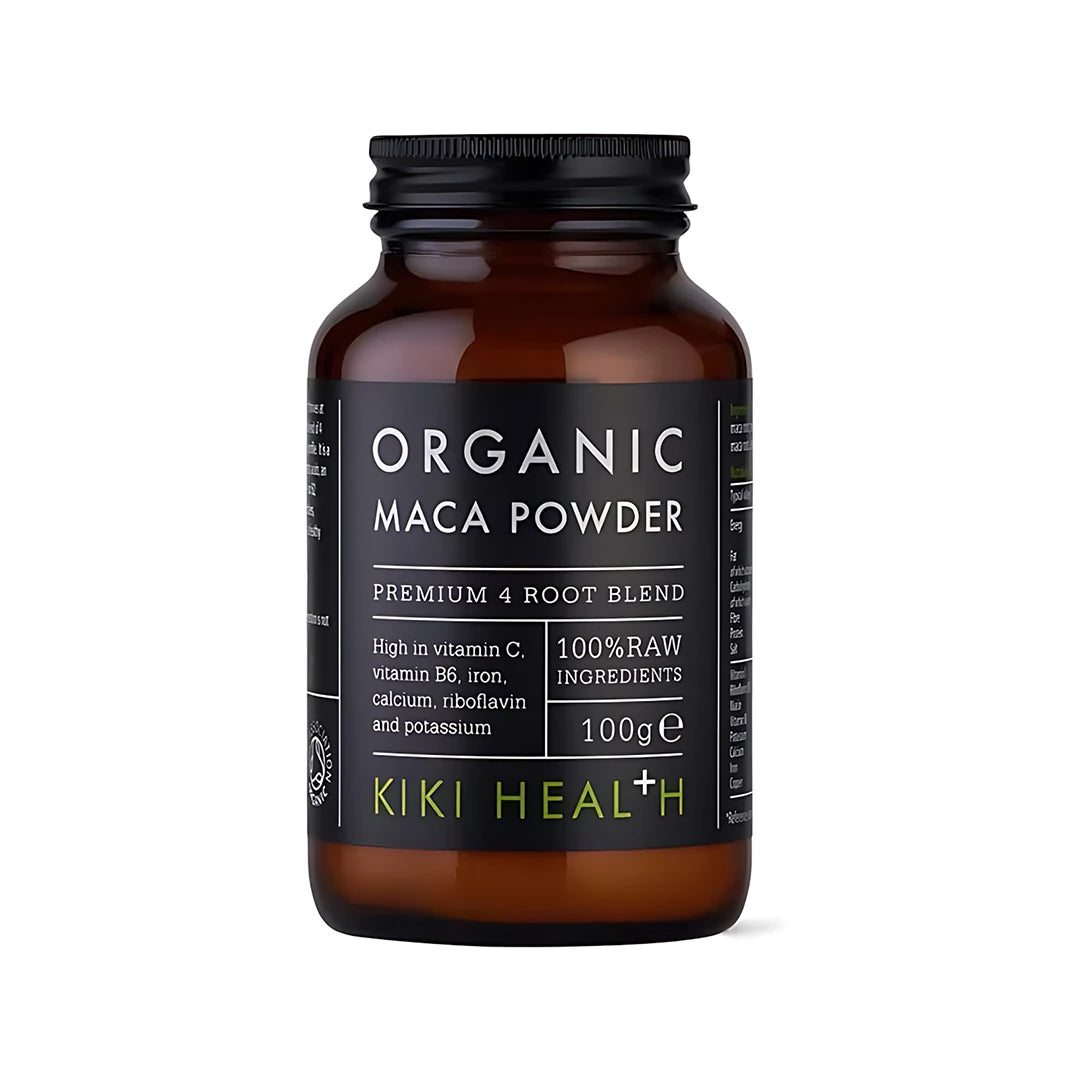KIKI Health Organic Maca Powder 100 g i en mörkbrun glasburk med svart etikett och lock., bild 1 av 1