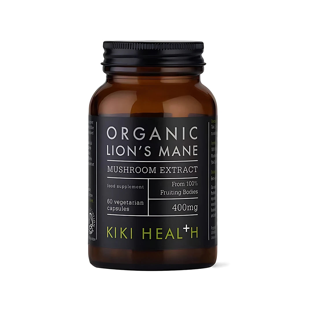 KIKI Health Organic Lions Mane Extract 60 kapslar i en brun glasburk med svart etikett och lock., bild 1 av 1