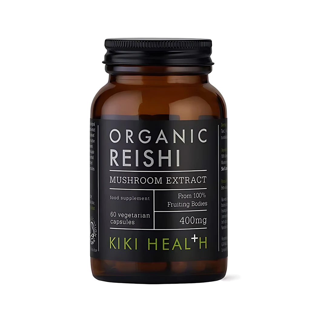 KIKI Health Organic Reishi Extract 60 kapslar svampextrakt i en brun glasburk med svart etikett., bild 1 av 1