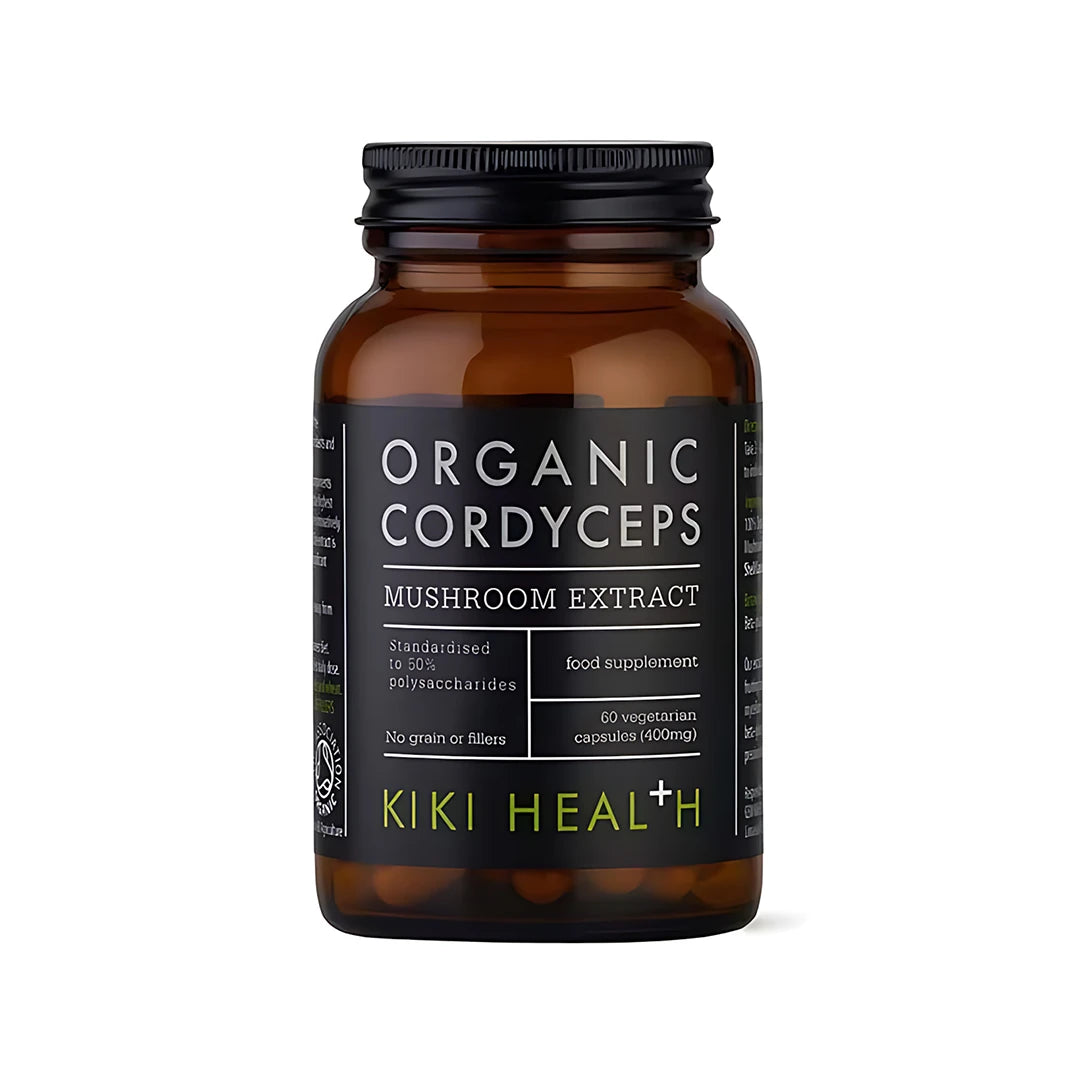 KIKI Health Organic Cordyceps Extract 60 caps i en mörkbrun glasburk med svart etikett och lock.