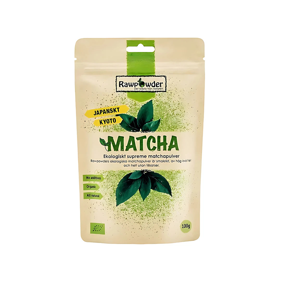 Rawpowder Matcha 100 g ekologiskt matchapulver i en ljusbeige påse med gröna blad och detaljer.