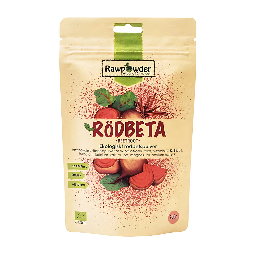 Rawpowder Rödbetspulver 200 g i en beige papperspåse med rödbetsillustrationer och grön logotyp.