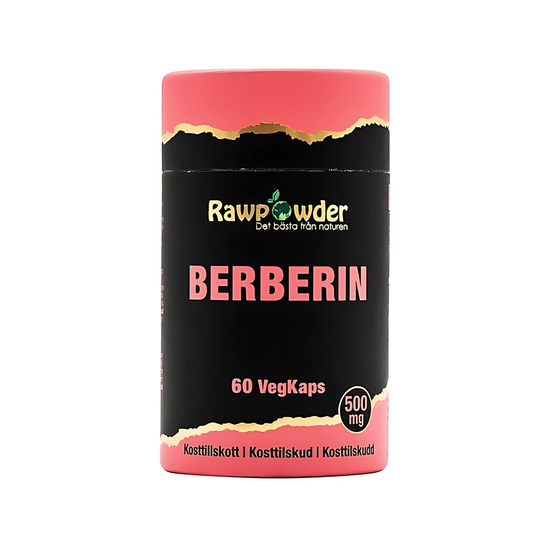 Rawpowder Berberin 500 mg 60 caps kosttillskott i en svart burk med rosa och guldiga detaljer.