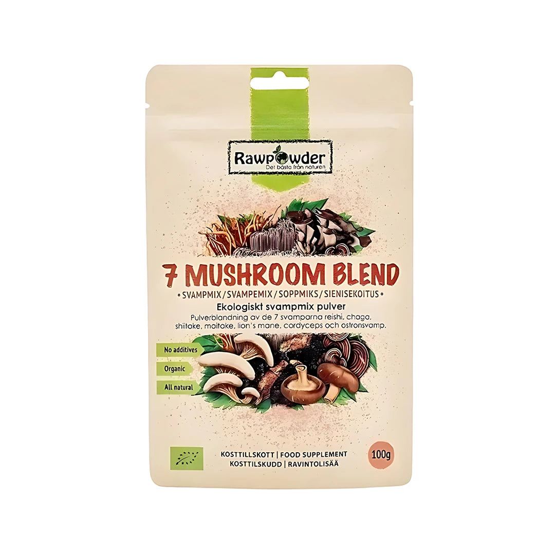 Rawpowder Mushroom Blend 100 g ekologisk svampmix i pulverform, förpackad i en beige påse med svampillustrationer.