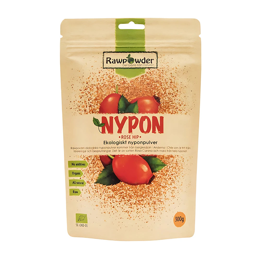 Rawpowder Nyponpulver 300 g i en beige påse med röda nypon och grön text, innehållande ekologiskt pulver av Rosa canina.
