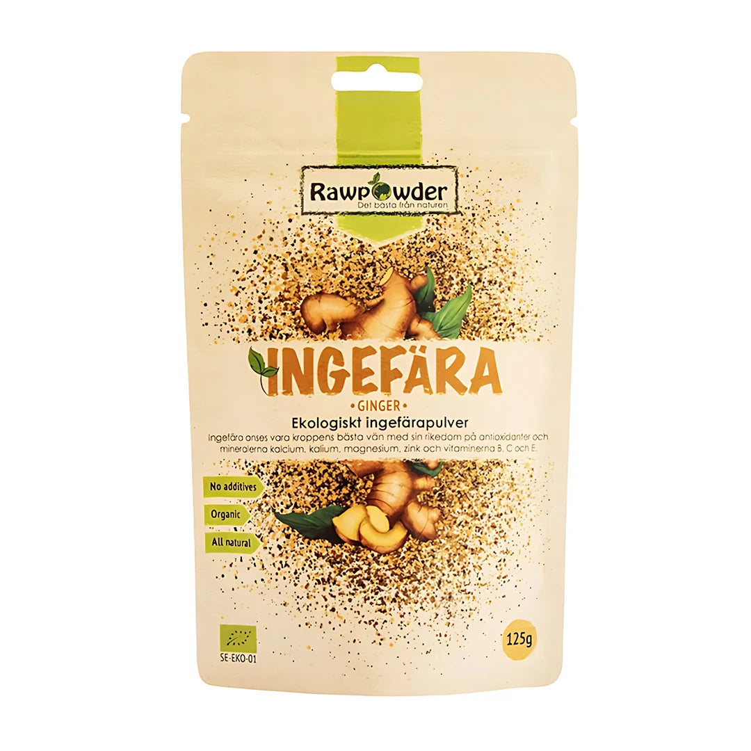 Rawpowder Ingefära pulver 125 g i en beige påse med gröna detaljer och illustration av ingefära, för matlagning och dryck.