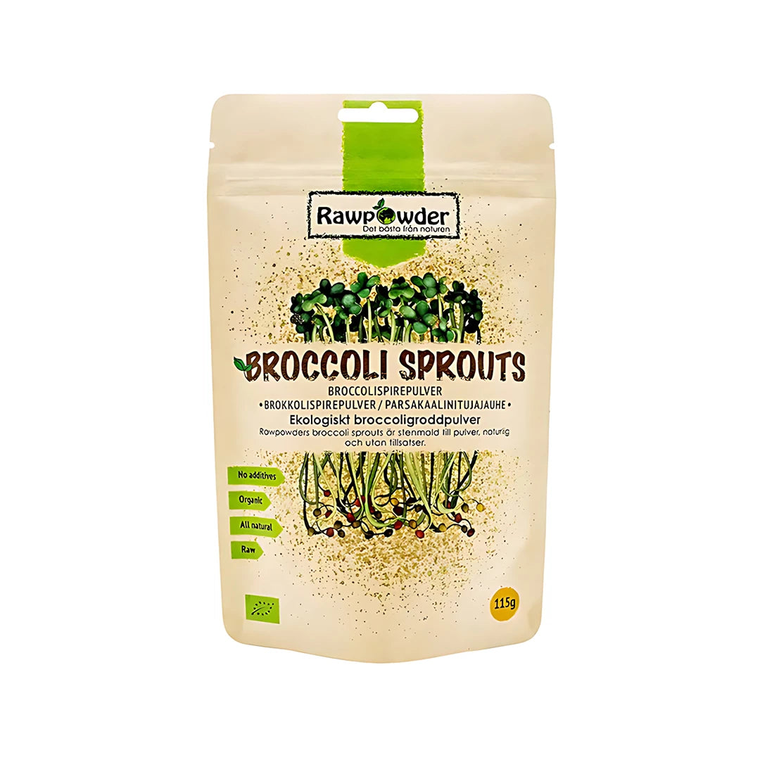 Rawpowder Broccoligroddar pulver 115 g i en beige påse med gröna detaljer och broccoligroddar., bild 1 av 1