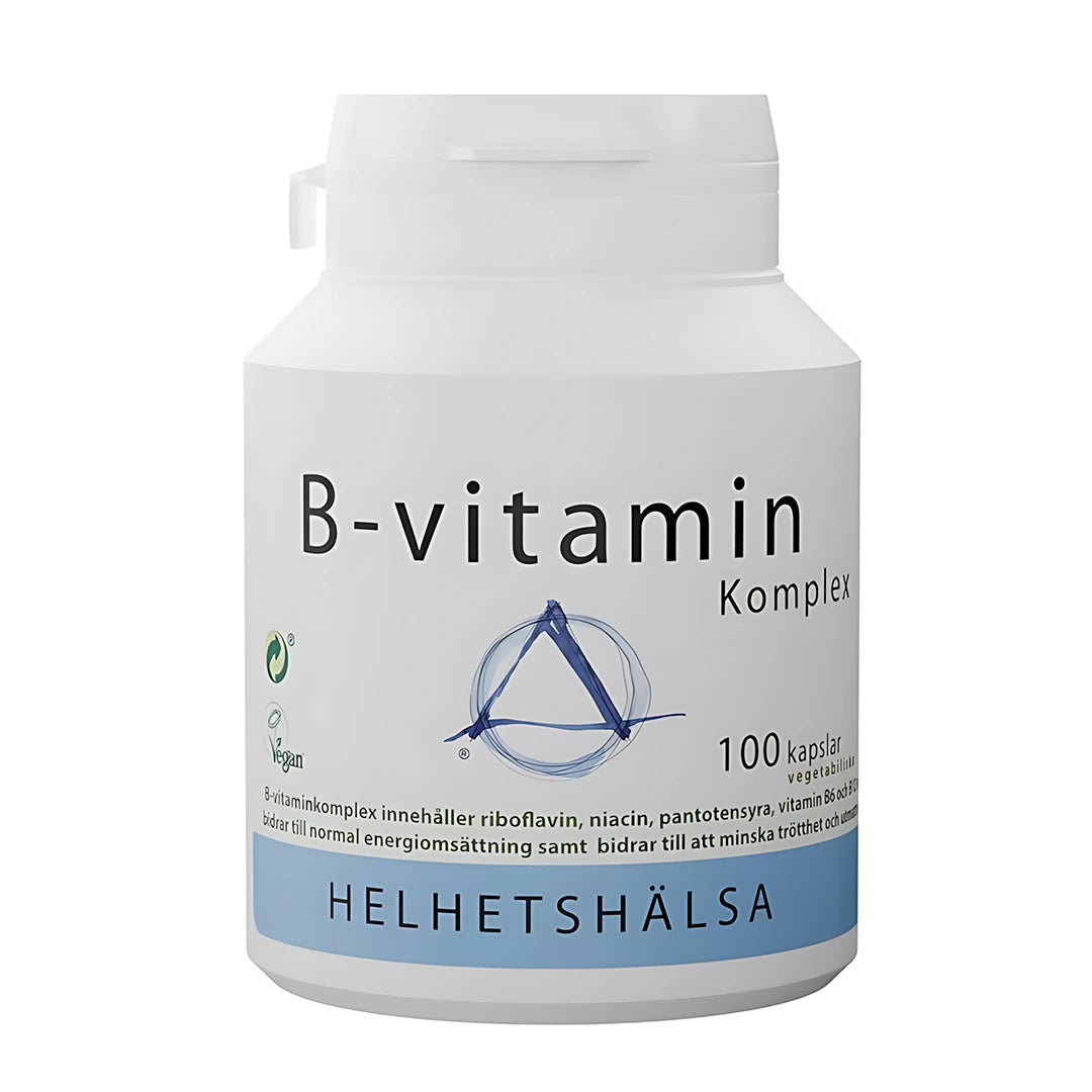 Helhetshälsa B-vitamin komplex 100 caps förpackat i en vit plastburk med blå och svarta detaljer på etiketten.