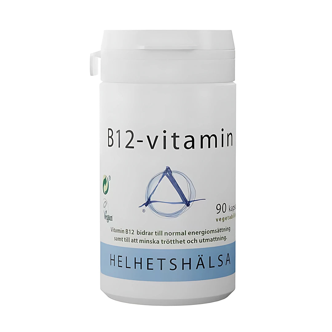Helhetshälsa B12 Vitamin 90 caps kosttillskott i en vit plastburk med ljusblå detaljer., bild 1 av 1