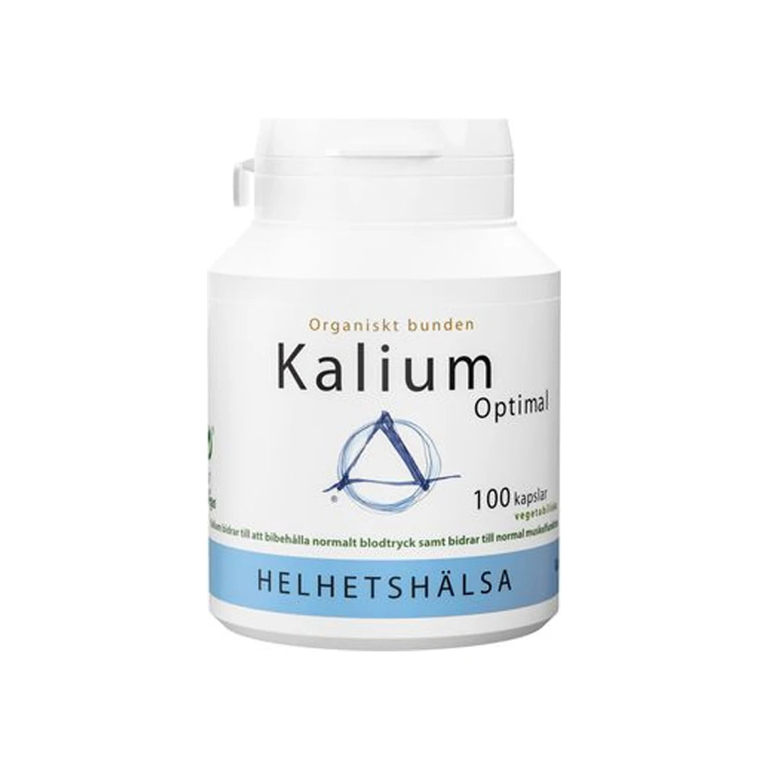 Helhetshälsa Kalium Optimal 100 caps i en vit burk med blå och svarta detaljer, innehållande kaliumcitrat.