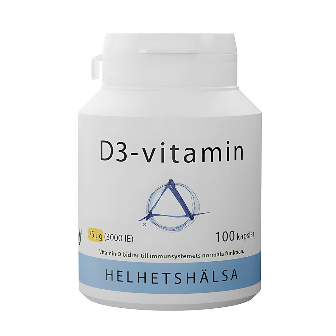 Helhetshälsa D3-Vitamin 75 µg 100 caps i en vit burk med blå detaljer.