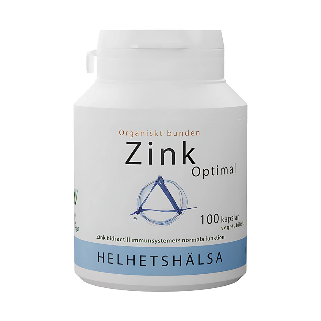Helhetshälsa Zink Optimal 100 caps i en vit burk med blå och svart text.