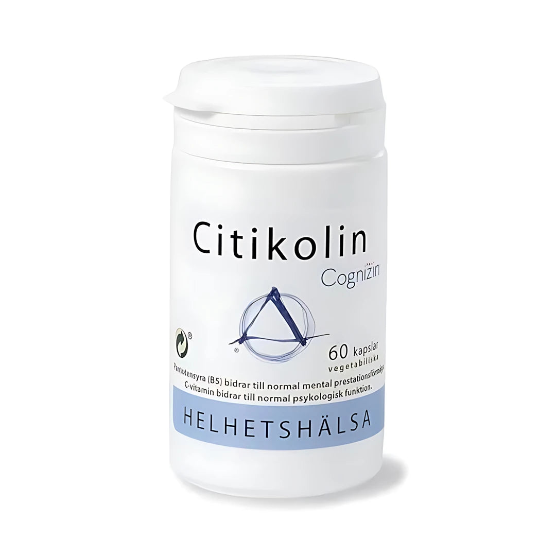 Helhetshälsa Citikolin 60 caps, en vit plastburk med blå och svart textering.