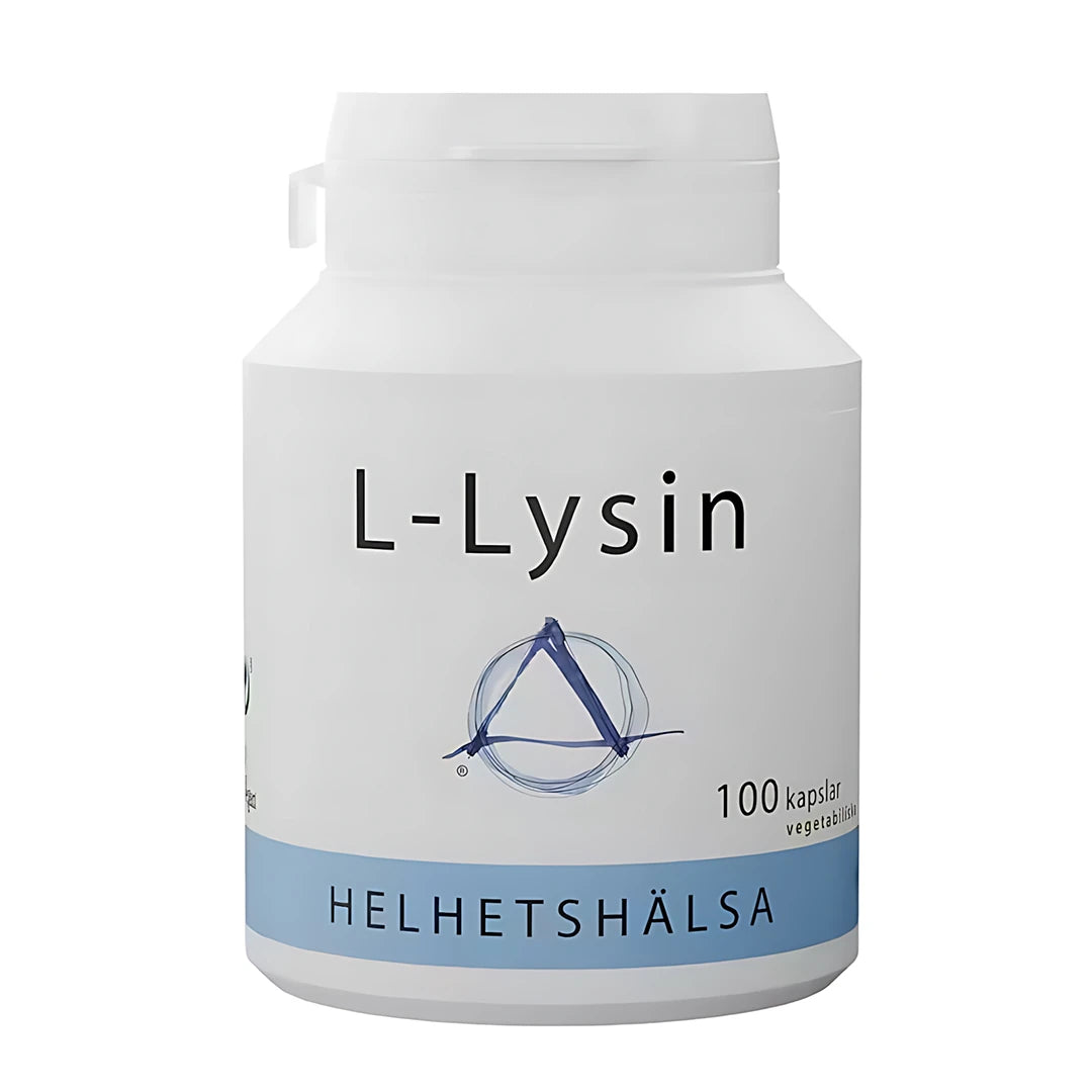 Helhetshälsa L-Lysin 470 mg 100 caps aminosyror i en vit plastburk med ljusblå detaljer.