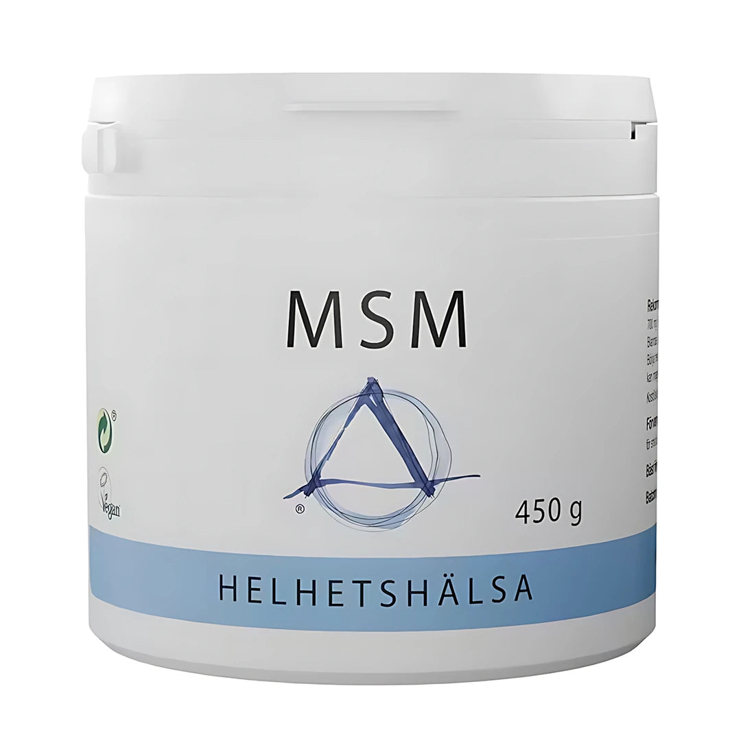Helhetshälsa MSM pulver 450 g i en vit plastburk med ljusblå detaljer.