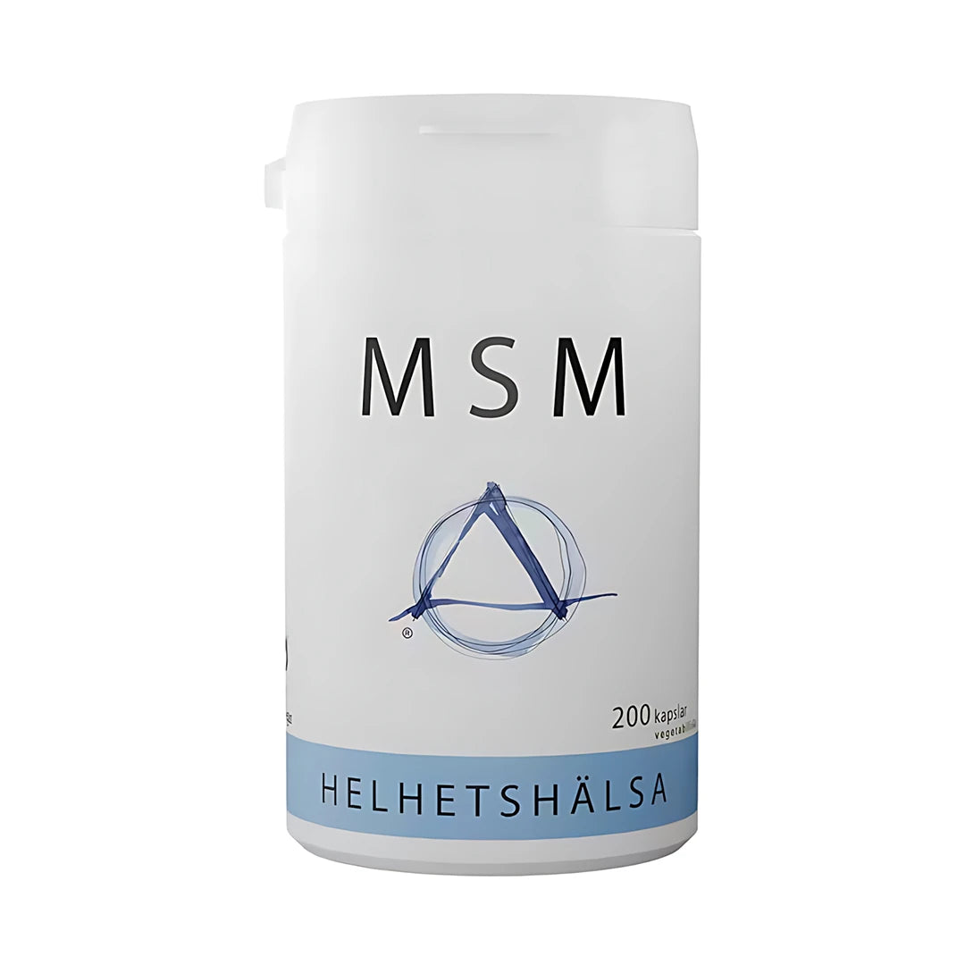 Helhetshälsa MSM 520 mg 200 caps kosttillskott i en stilren vit burk med blå detaljer.