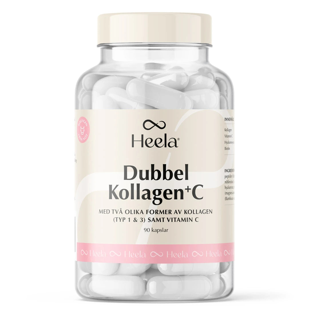 Heela Dubbel Kollagen + C 90 caps i en genomskinlig burk med vit och beige etikett, fylld med vita kapslar.