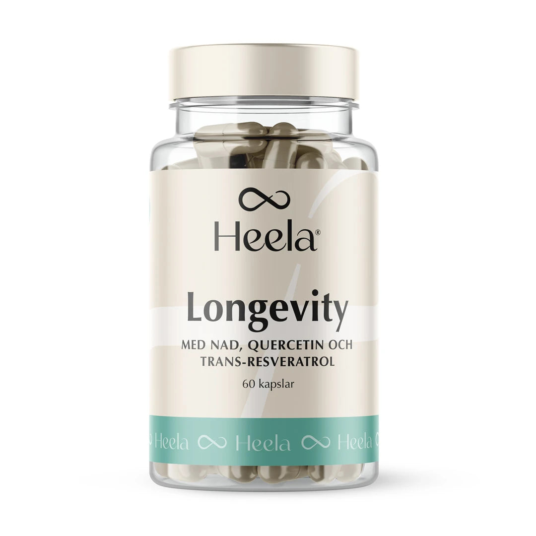 Heela Longevity 60 caps kosttillskott i en transparent plastburk med beige etikett och turkosa detaljer.