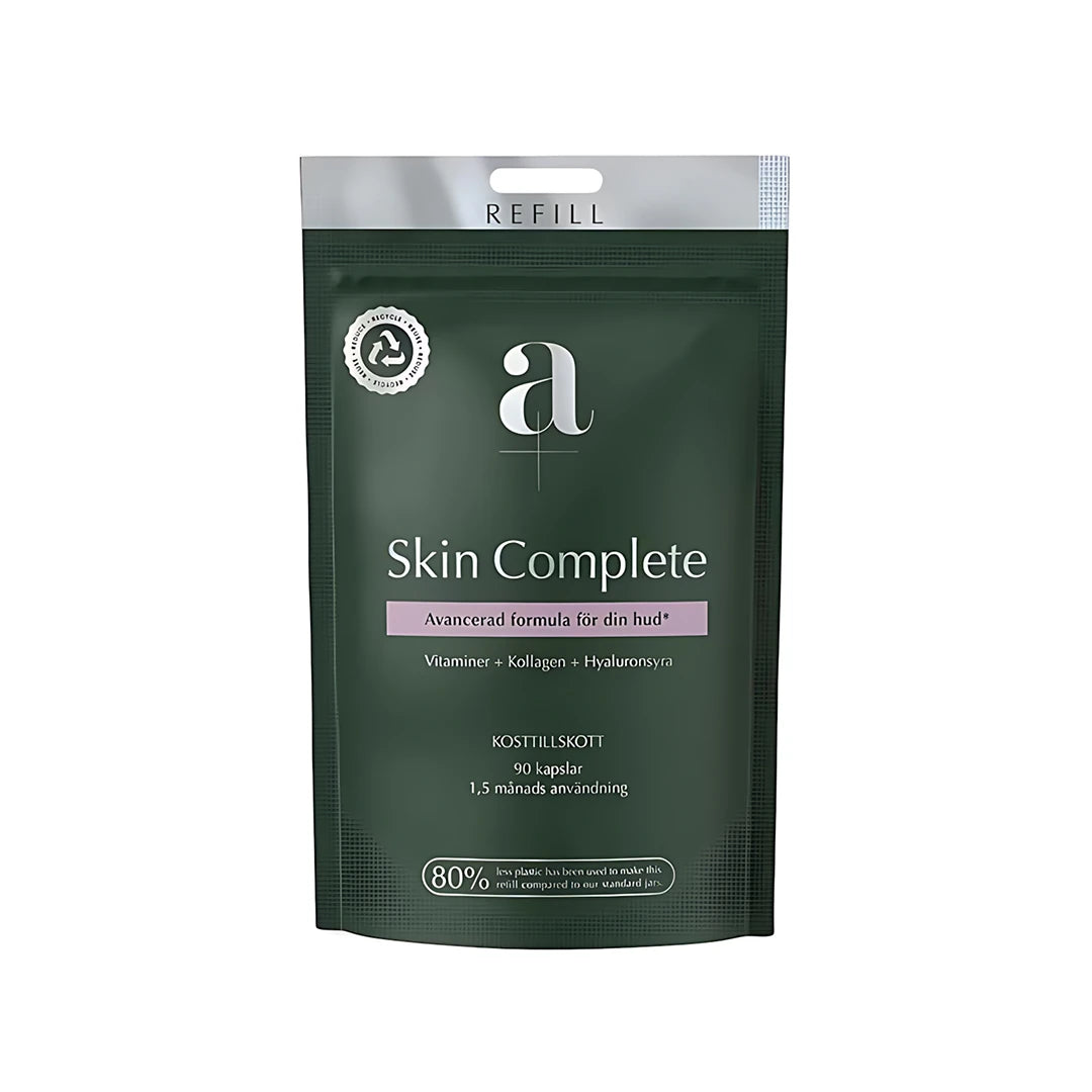 A+ Skin Complete 90 caps Refill, kosttillskott med kollagen i en mörkgrön refillpåse.