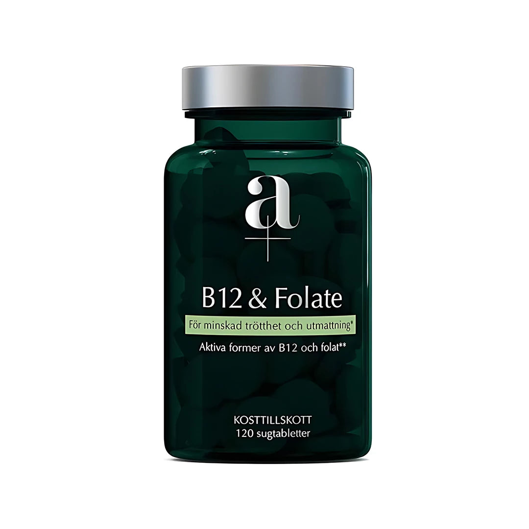 A+ B12 & Folate 120 sugtabletter i en mörkgrön burk med silverlock, ett kosttillskott för minskad trötthet.