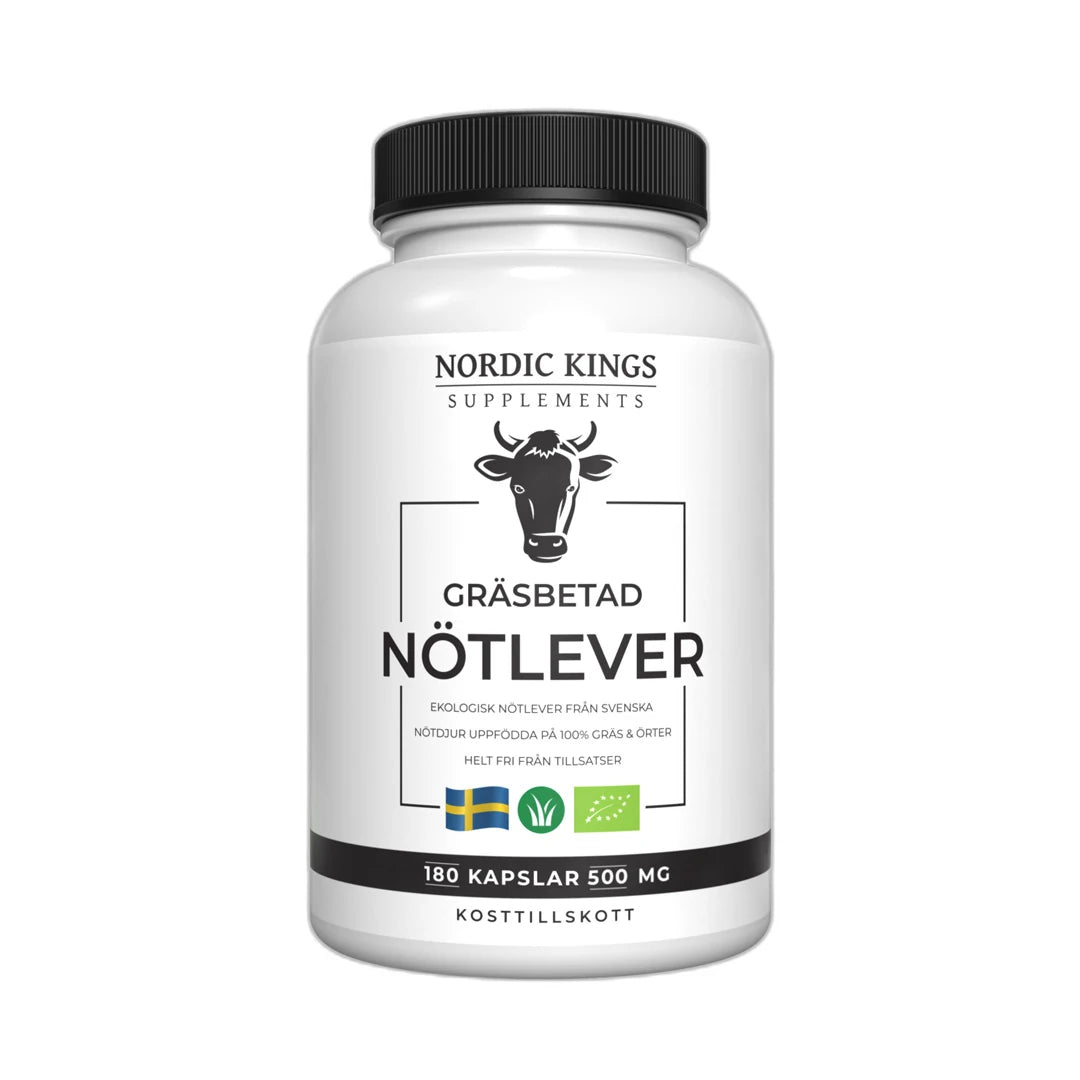 Nordic Kings Gräsbetad Nötlever EKO 180 caps förpackad i en vit burk med svart lock och etikett med ko-motiv.