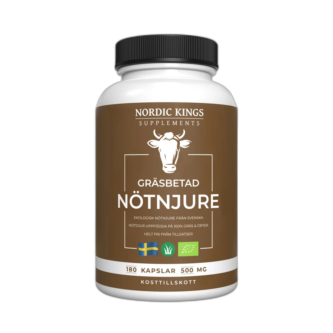 Nordic Kings Gräsbetad Nötnjure EKO 180 caps kosttillskott, förpackad i en vit burk med svart lock och brun etikett.