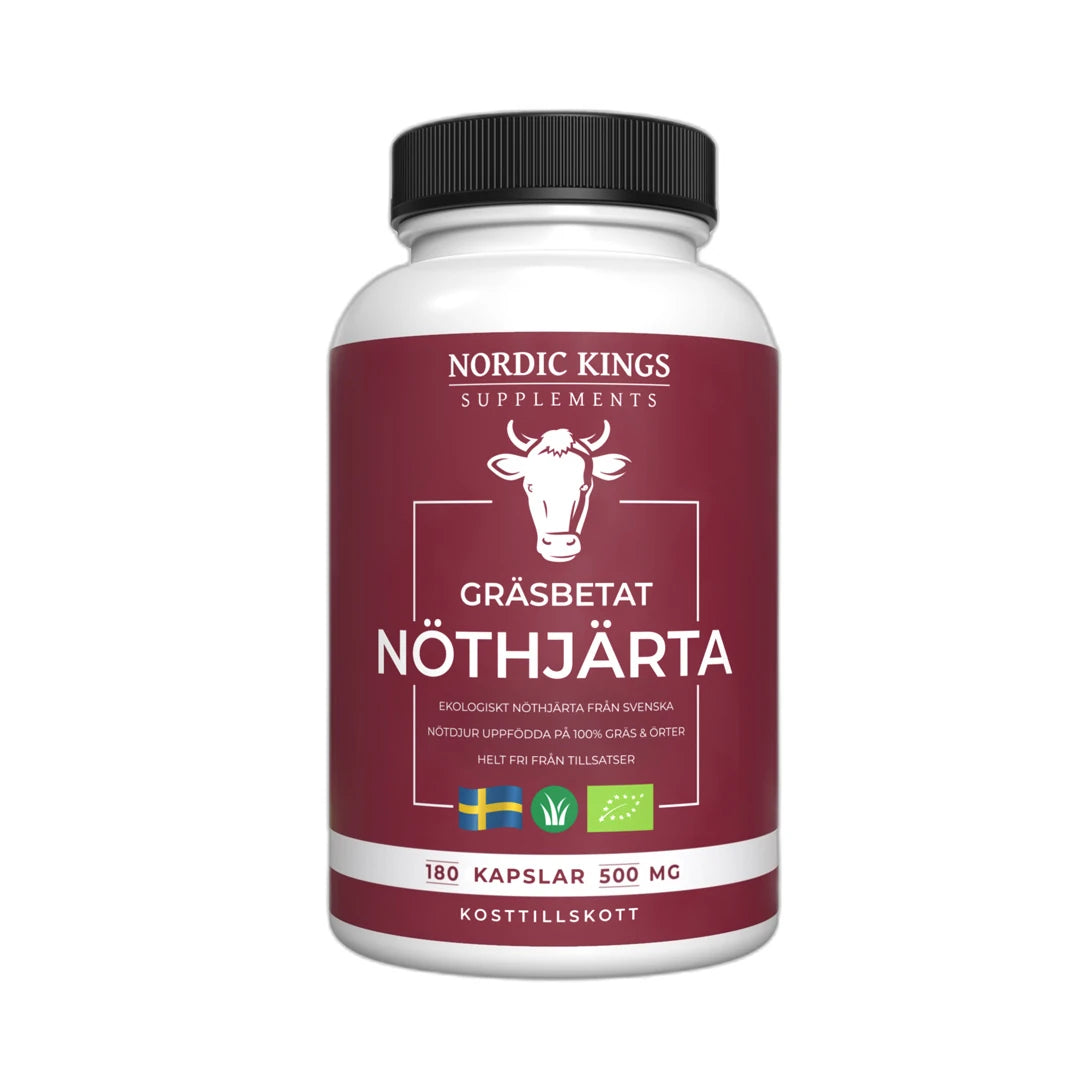 Nordic Kings Gräsbetad Nöthjärta EKO 180 caps i en vit burk med vinröd etikett och svart lock.