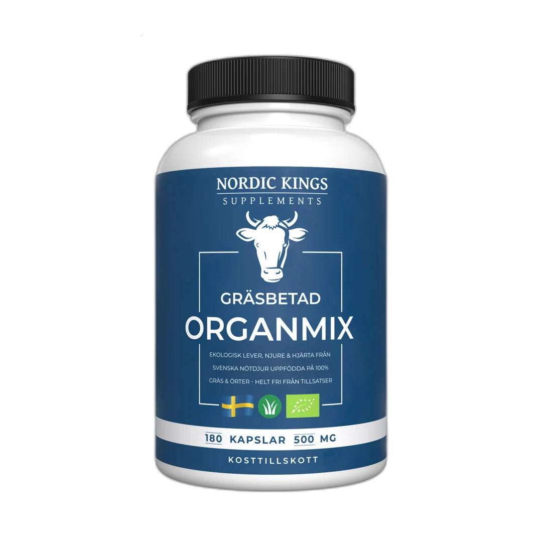 Nordic Kings Gräsbetad Organmix EKO 180 caps i en vit burk med mörkblå etikett och svart lock.