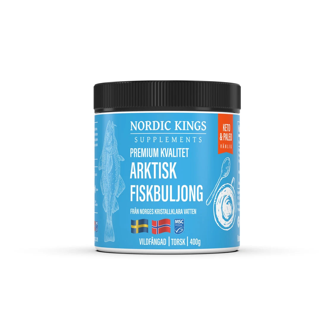 Nordic Kings Arktisk Fiskbuljong Premium MSC 400 g förpackad i en burk med svart lock och blå etikett.