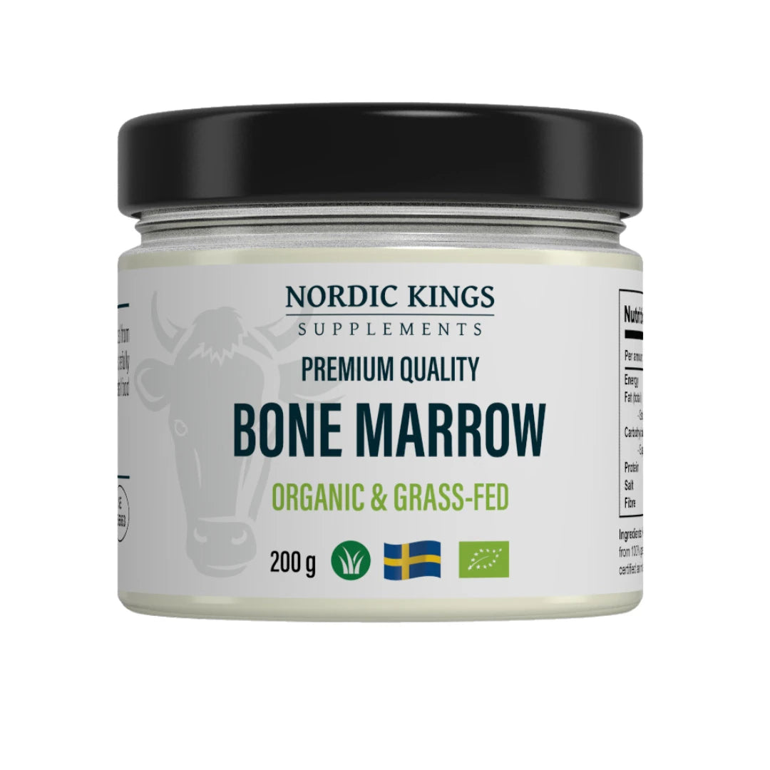 Nordic Kings Premium Bone Marrow EKO 200 g i en glasburk med svart lock och vit etikett.