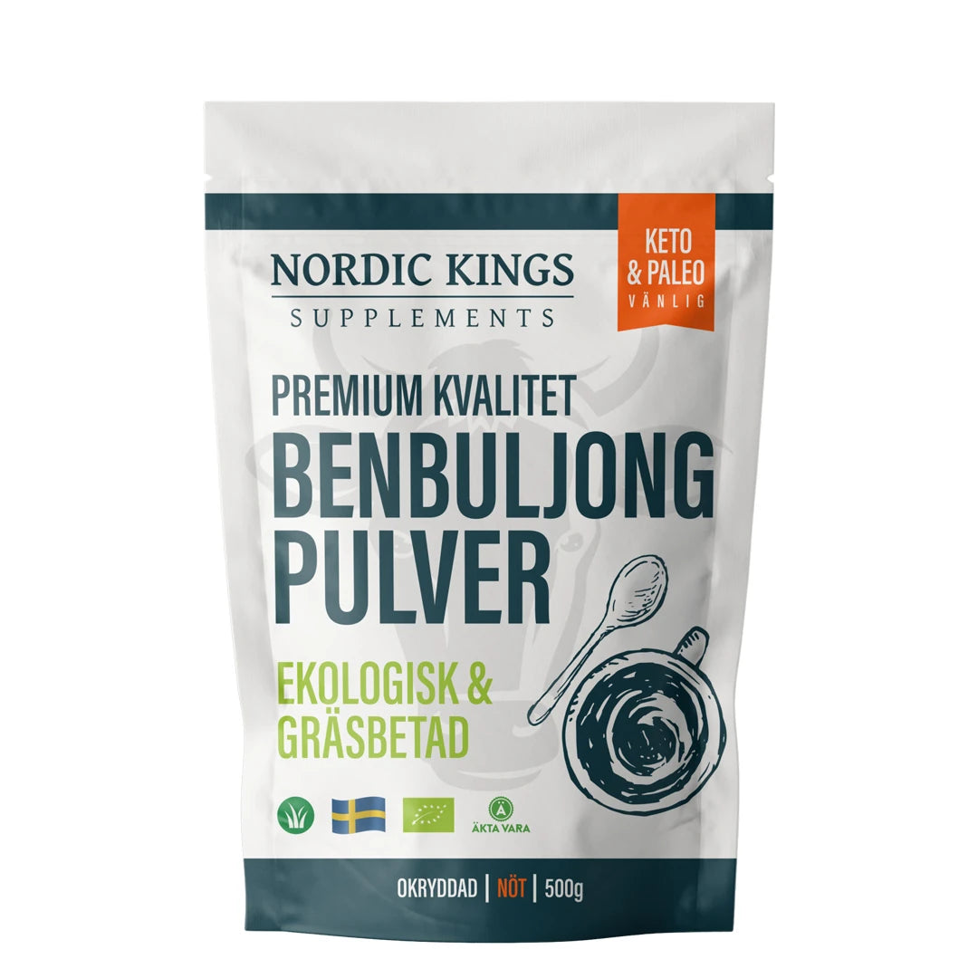 Nordic Kings Premium Benbuljongpulver EKO 500 g förpackad i en vit påse med mörkblå och orange detaljer.