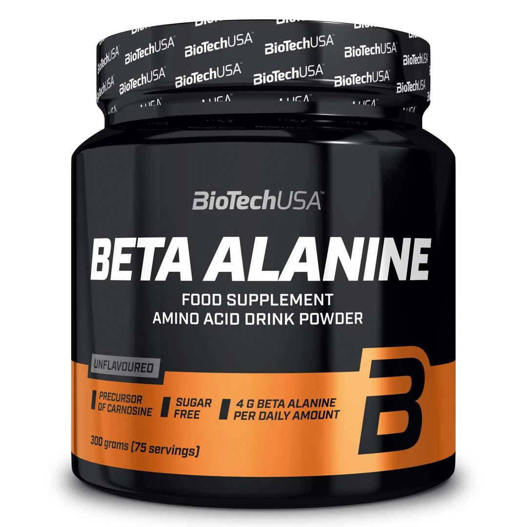Svart burk med BioTechUSA Beta Alanine 300 g aminosyror i pulverform, vita och orangea detaljer samt logotyp på locket.