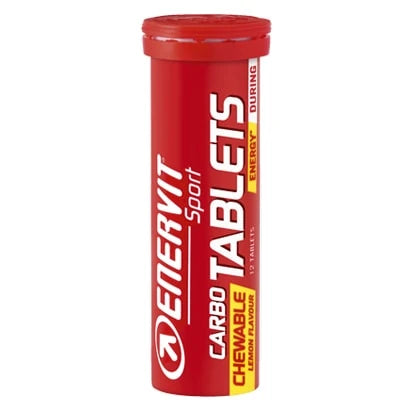 Enervit Sport Carbo tablets Lemon förpackade i ett rött rör för snabb energi.