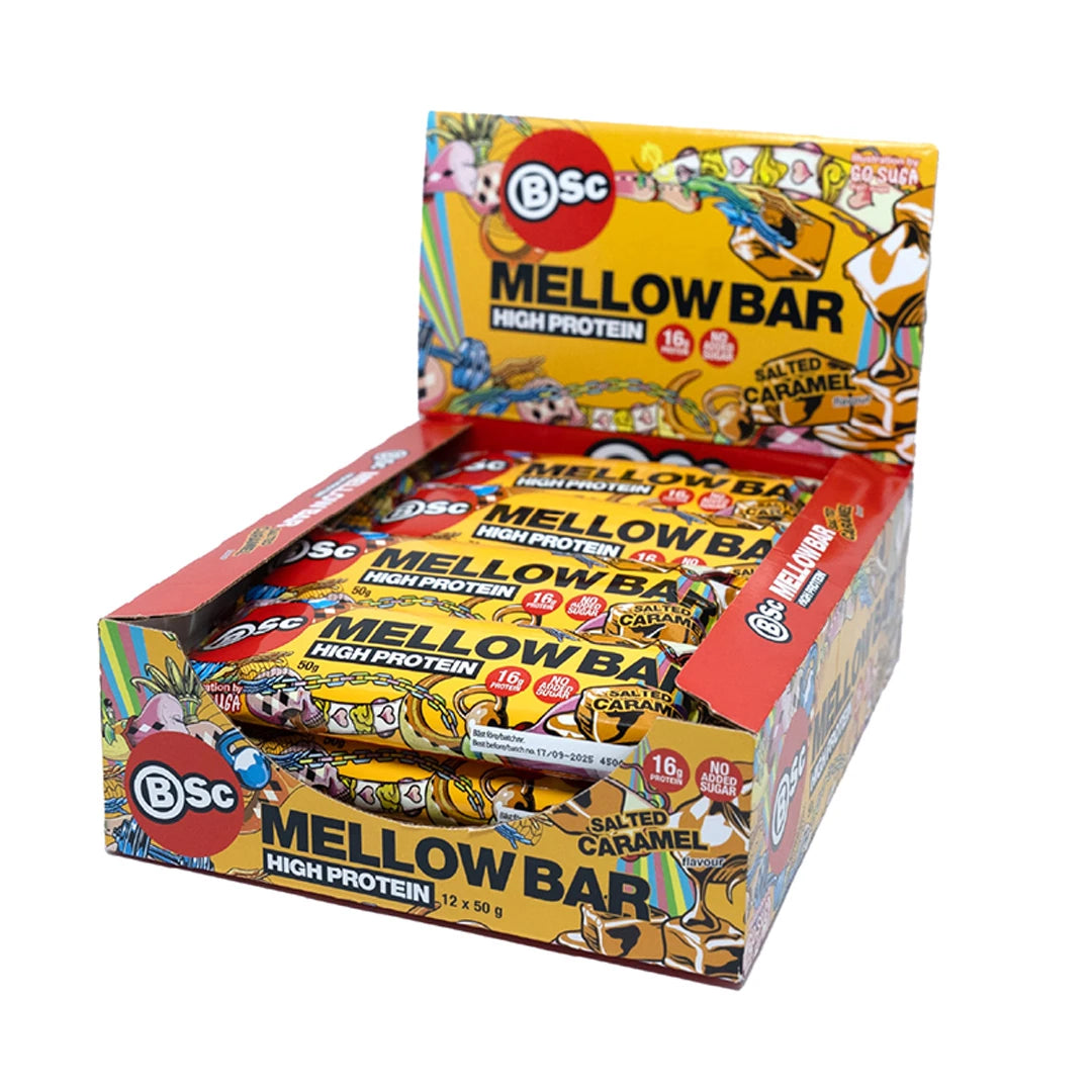 12 x BSc Mellow Bar 50 g Salted Caramel i en färgglad kartong för visning i butik.