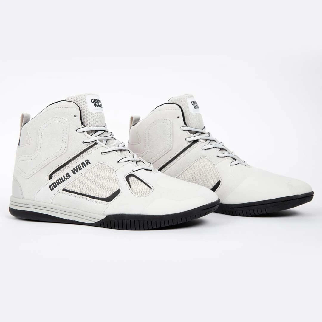 Gorilla Wear Troy High Tops White, vita träningsskor i mocka med högt skaft och svarta detaljer för styrketräning., bild 3 av 7