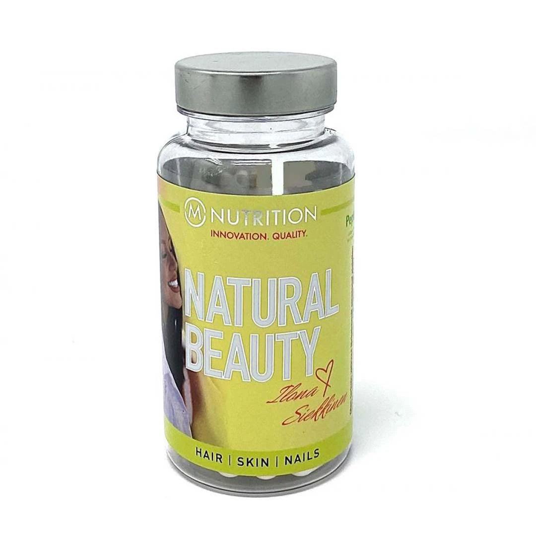 M-nutrition X Ilona Siekkinen Natural Beauty 60 caps i en genomskinlig burk med en ljusgrön och gul etikett.