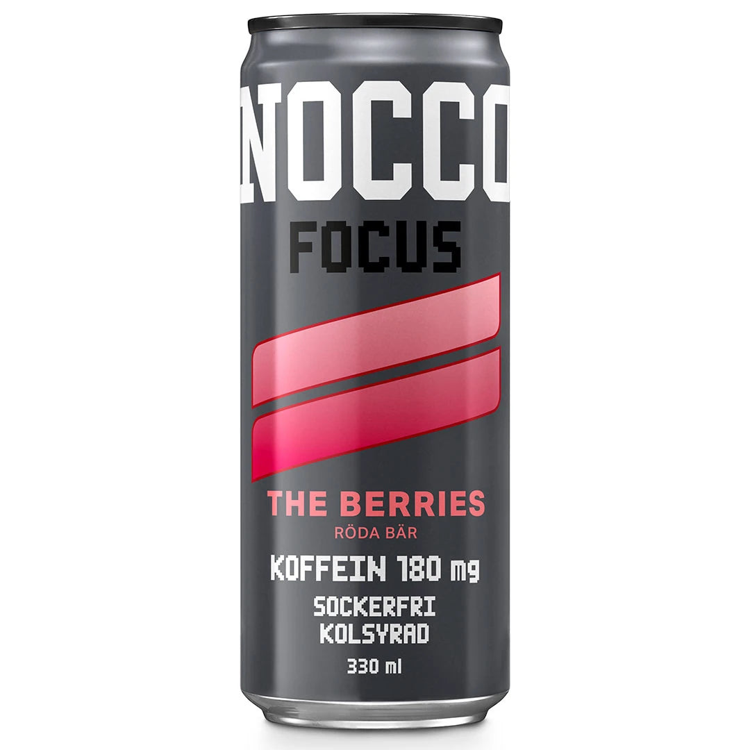 NOCCO FOCUS 330 ml energidryck i en mörkgrå aluminiumburk med rosa detaljer för smaken The Berries.