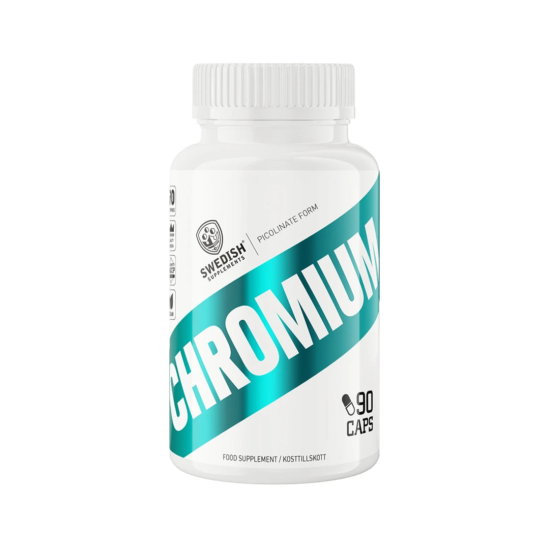 Swedish Supplements Chromium 90 caps, ett kosttillskott i en vit plastburk med turkosa detaljer.