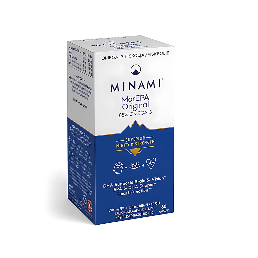 Minami MorEPA Original 85% 60 caps omega-3-tillskott i en vit och blå kartong.