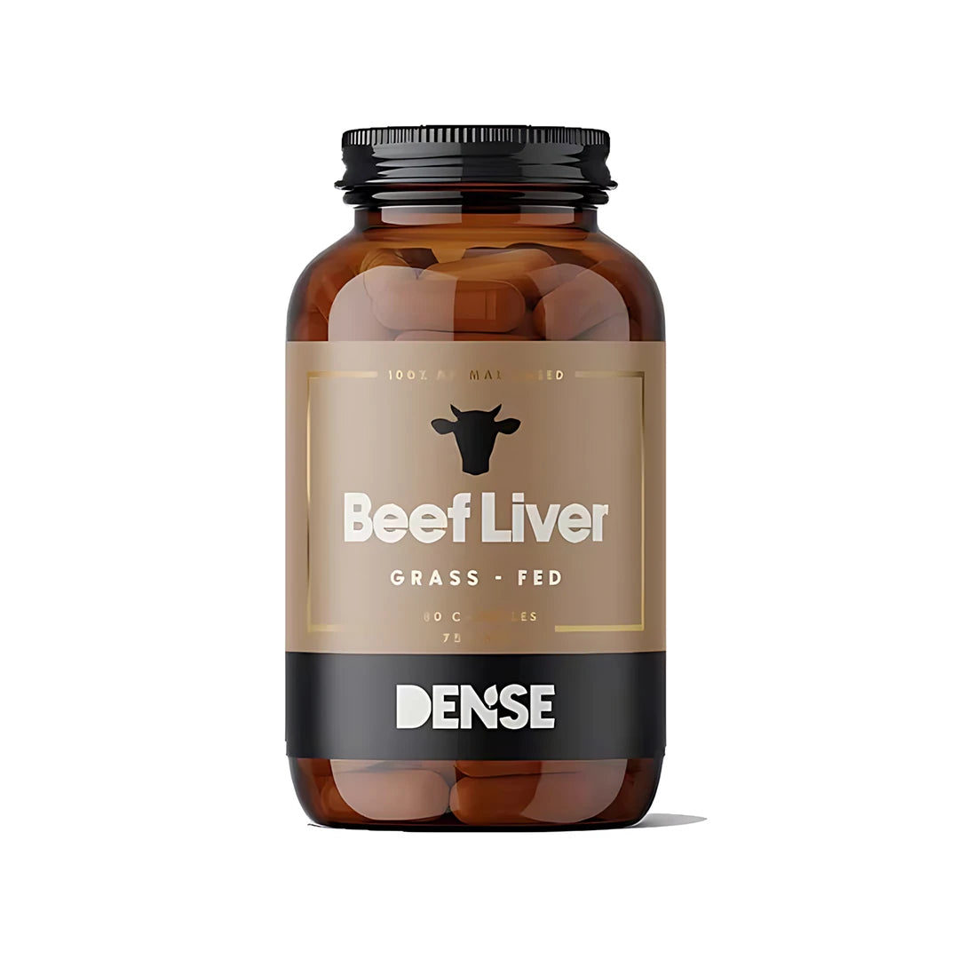 Dense Beef Liver 180 caps nötleverkapslar i en brun burk med svart lock och ljusbrun etikett med en kosiluett.